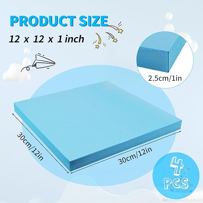 LuckyFoam Blue 4 Pack 12x12x1 inch Foam Sheets 1 Inch Thick Polystyrene Rectangles XPS Foam Board Craft for Insulating DIY Modeling Art Supplies