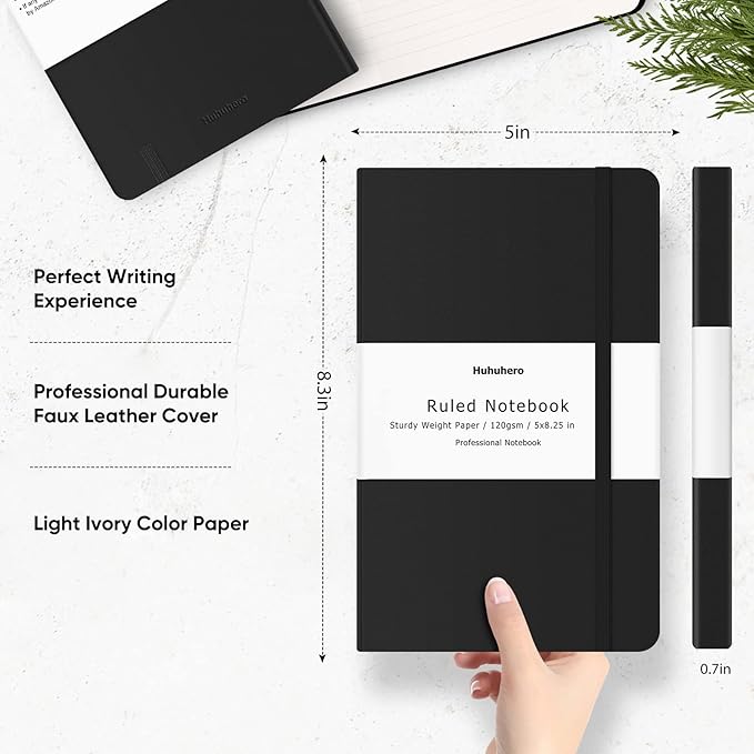 Huhuhero Lined Journal Notebook, 20 Pack Hardcover College Ruled Notebooks for Work School Note Taking, 120 Gsm Thick Paper Journals for Writing, Office School Supplies, 5"×8.25", Black