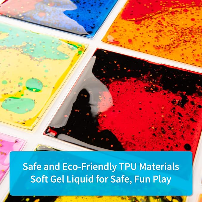 Art3d 6”x6” Square Sensory Fidget Liquid Motion Tiles for Kids, Toddler, Teens - Interactive Soft Gel Liquid Play Mats for Home, Schools, Playrooms, Multi-Pack of 3 Tiles