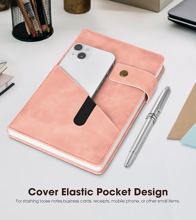 Pink A5 Lined Leather Journal Notebook for Men Women,5.9" X 8.4" Personalized Hardcover Journal with Pen,200 Pages 100 Gsm Thick Ruled Paper Daily Diary for Travel,Business,Work,Writing