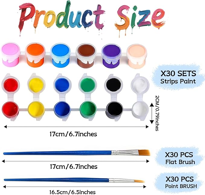 30 Pack Mini Acrylic Paint Set, 12 Colors Washable Paint Strips for Kids & Adults - Includes 60 Brushes, 360 PCS kids Paint Kits for Easter Eggs, Birthday, Classroom Party，school supplies