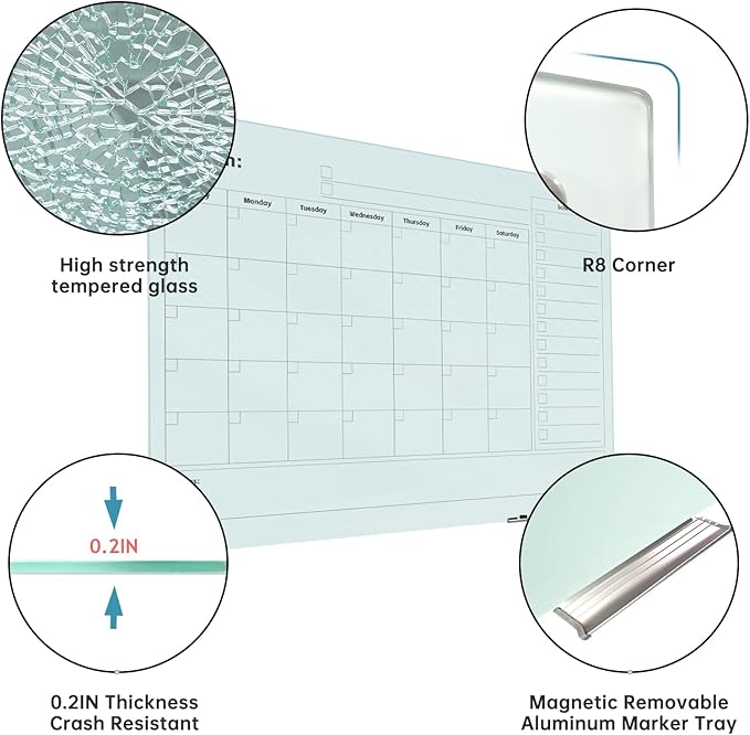 Magnetic Glass Whiteboard - Glass Monthly Calendar Dry Erase Board 48"x36" Large Frameless Glass Board for Walls Office School and Home