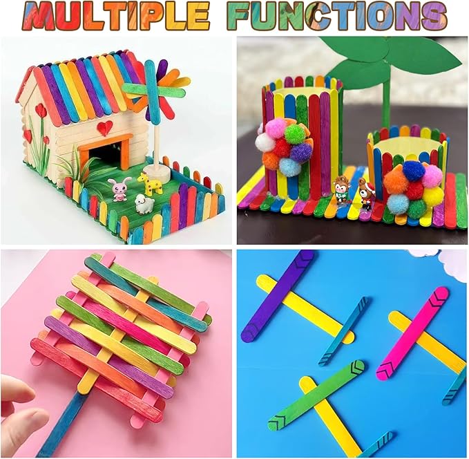 6 inch Colored Wooden Sticks Kits, 400PCS Colorful Rainbow Sticks with Hot Glue Gun and Sticks for Craft Home Popsicle Decoration Project Building Model Kid Classroom Art Craft Supplies