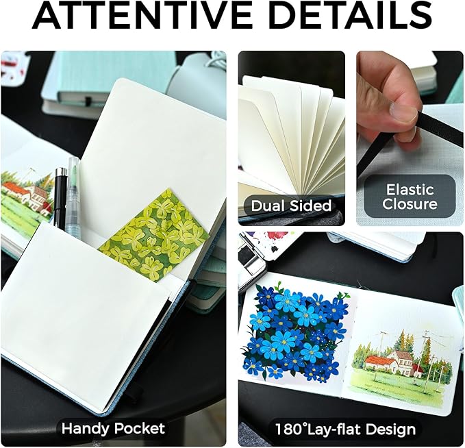 Funto Watercolor Journal, 4.7x4.7, 24 Sheets, 100% Cotton Cold Press, 300gsm/140lb, Inner Paper Pocket, Art Supplies for Mixed Media