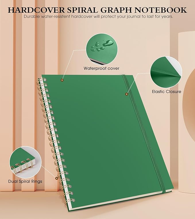 Graph Paper Notebook, Spiral Notebook Journal 8.5” x 11”, A4 Large Grid Notebooks for Women Men, 100 GSM Graph Paper, Plastic Hardcover Spiral Graphing Journals for Work School Engineerin, Green