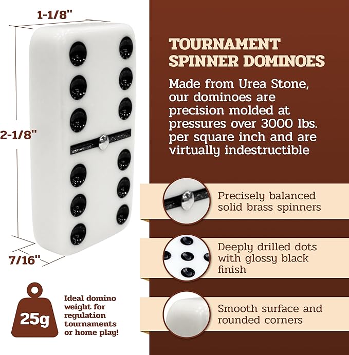 Alex Cramer Le Club Luxury Domino Set with Handcrafted Walnut Case and Cribbage/Counter Top - Tournament Quality 28 Indestructible (Domino Spinner Set with Brass Plate)