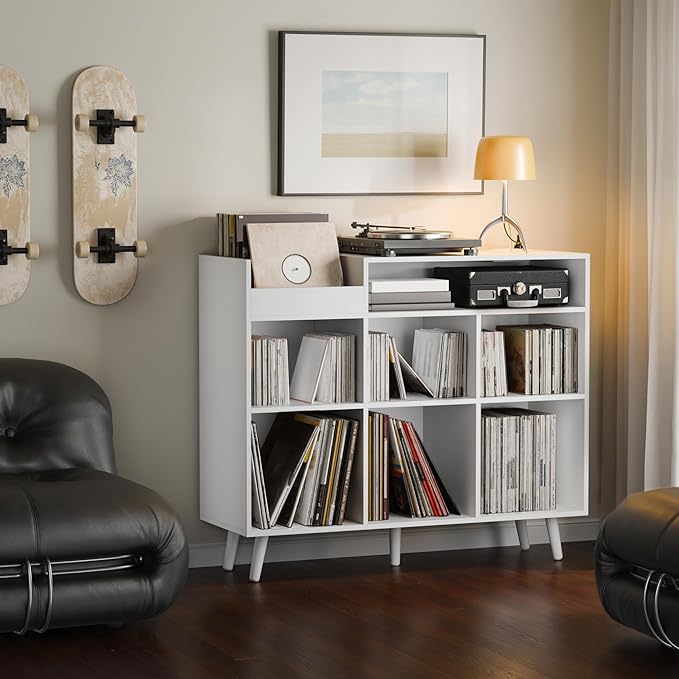 Cozy Castle Large Record Player Stand, Vinyl Storage Cabinet Mid Century Modern Turntable Stand Media Console Table Open Shelf Cube CD Album Holder Organizer for Living Room, Office, White