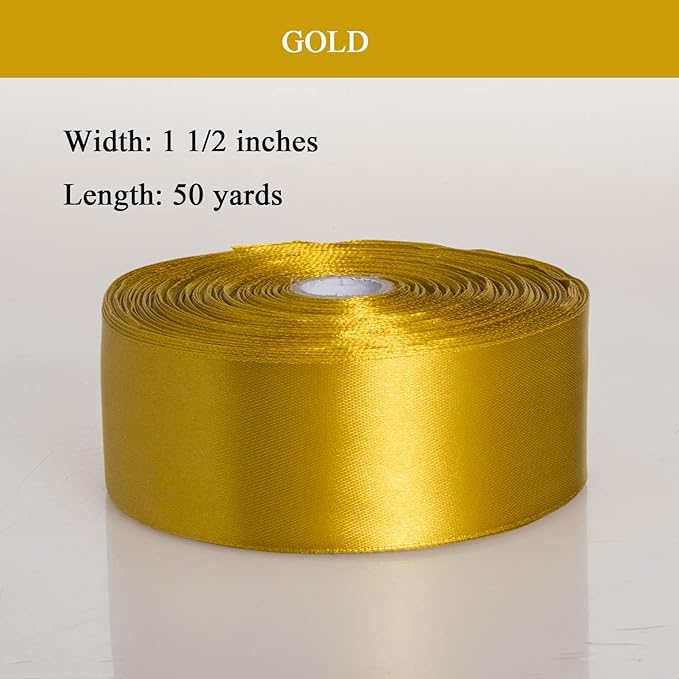 1 1/2 Inch Gold Solid Satin Ribbon, 50 Yards Craft Fabric Ribbon for Gift Wrapping Floral Bouquets Wedding Party Decoration