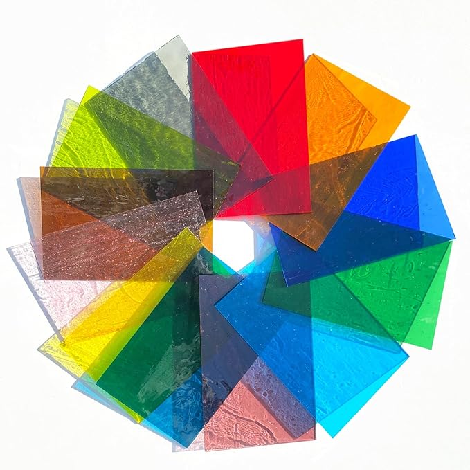 ILLUCKAI 12 Sheets Transparent Stained Glass Sheet Rainbow Colors, 6 x 4 inch Stained Glass Supplies Mosaic Glass Tiles for Stained Glass Artwork Mosaic Crafts
