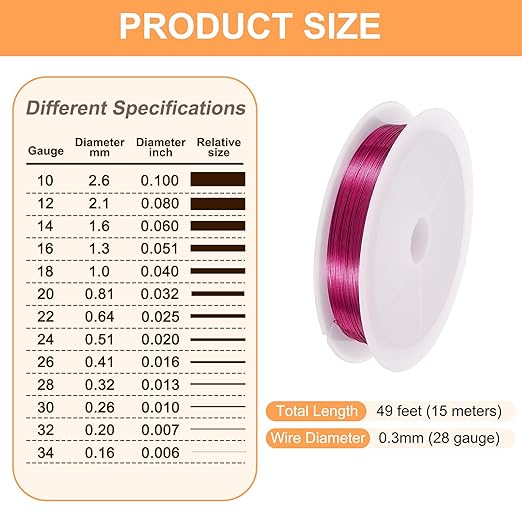 HARFINGTON 49ft Jewelry Wire, 28 Gauge (0.3mm) Brass Craft Soft Metal Tarnish Resistant Copper Beading Wire for Jewelry Making Supplies Crafting, Rose Red