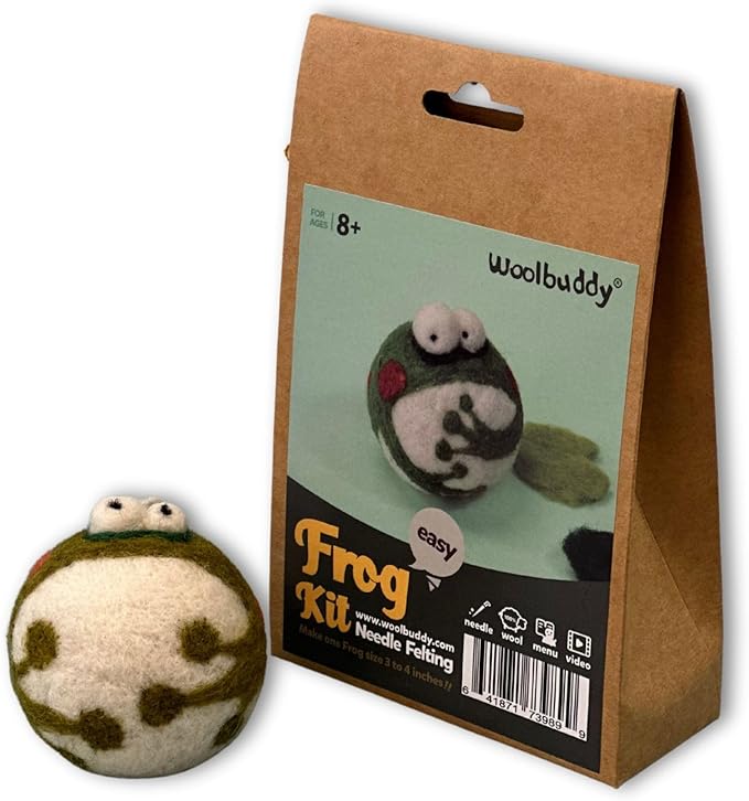 Woolbuddy 𝗡𝗲𝗲𝗱𝗹𝗲 𝗙𝗲𝗹𝘁𝗶𝗻𝗴 𝗞𝗶𝘁 – DIY Animal Craft Set for Beginners with Core Wool, Felting Supplies, Tools & Instructions – Fun Creative Kit for Adults & Kids (Frog)