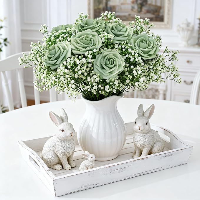 Artificial Flowers Foam Fake Roses 25pcs Green Roses with Stems for Home Decor DIY Wedding Bouquets Party Bridal Shower Centerpieces Faux Flower Arrangements Tables Decorations