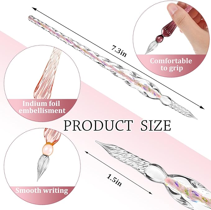 Zonon Glass Dipped Pen Ink Set 14 Pcs Include 6 Pcs Glass Dip Pen, 6 Colorful India Ink and 2 Holder Crystal Signature Calligraphy for Art, Writing, Signatures, Gift (Purple Pink Color System)