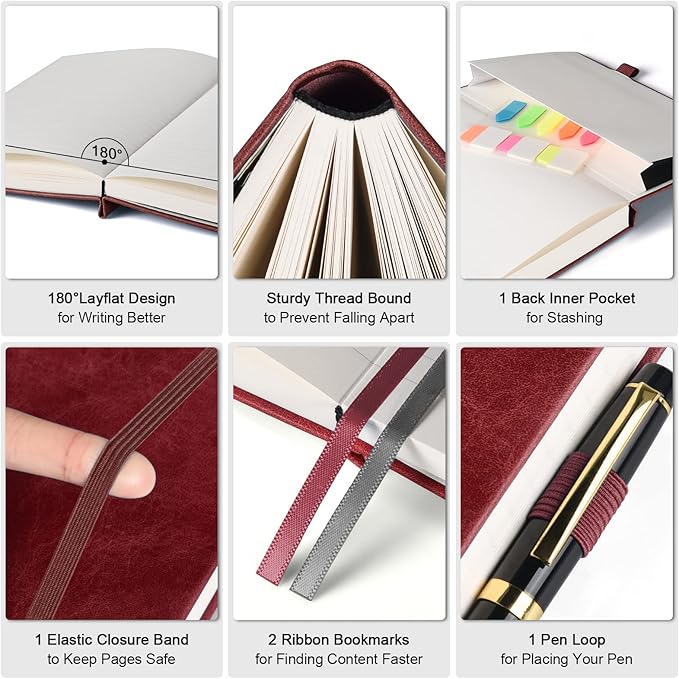 Lined Journal Notebook, Large A5 Hardcover Leather Journal, 312 Numbered Pages Work Notebook, 100gsm No Bleed Paper, College Ruled Notebook for Women Men School Office, 5.75" x 8.38", Burgundy
