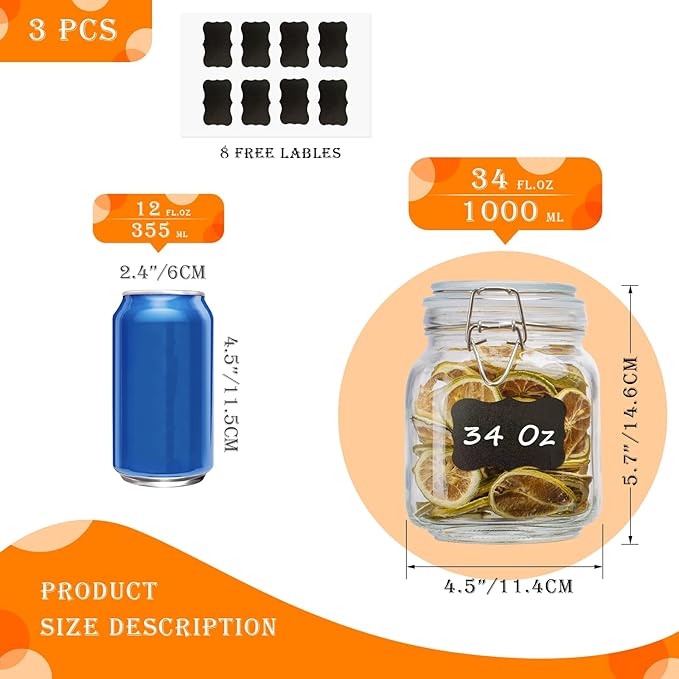 34oz Square Glass Food Storage Jars with Airtight Clamp Lids, 3 Pack Large Kitchen Canisters for Flour, Cereal, Coffee, Pasta and Canning, Mason Jar (Clear 34oz Square - 3 sets)