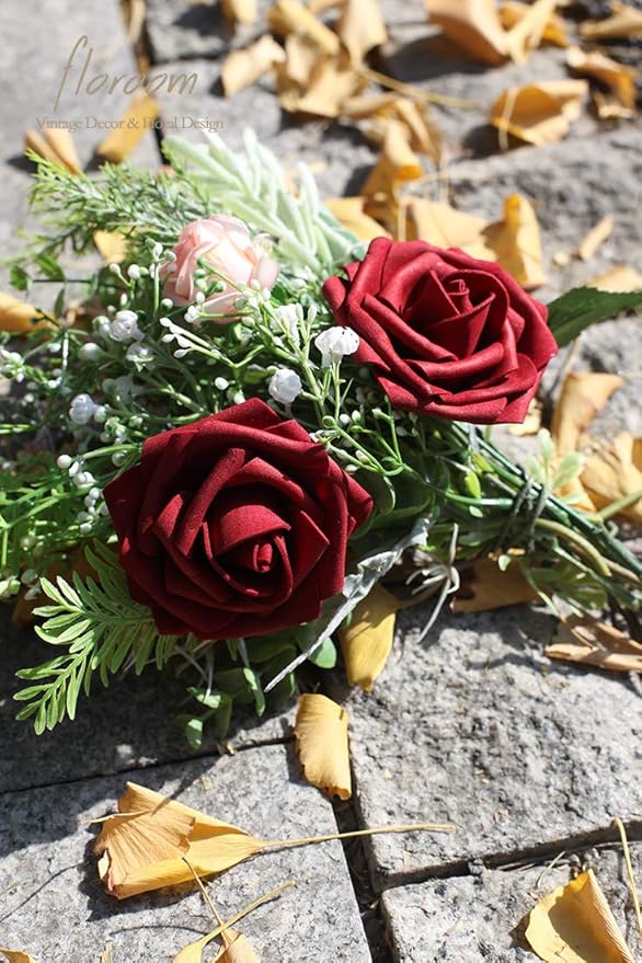 Floroom Artificial Flowers 50pcs Real Looking Burgundy Foam Fake Roses with Stems for DIY Wedding Bouquets Red Bridal Shower Centerpieces Floral Arrangements Party Tables Home Decorations