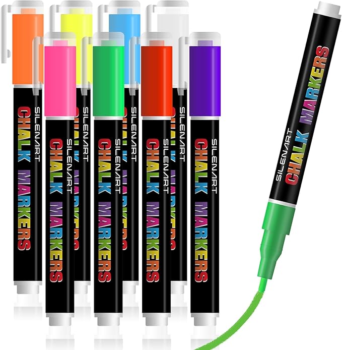 SILENART Chalk Markers Fine Tip - 1mm Liquid Chalk Marker for Blackboard Window Car Glass Washable