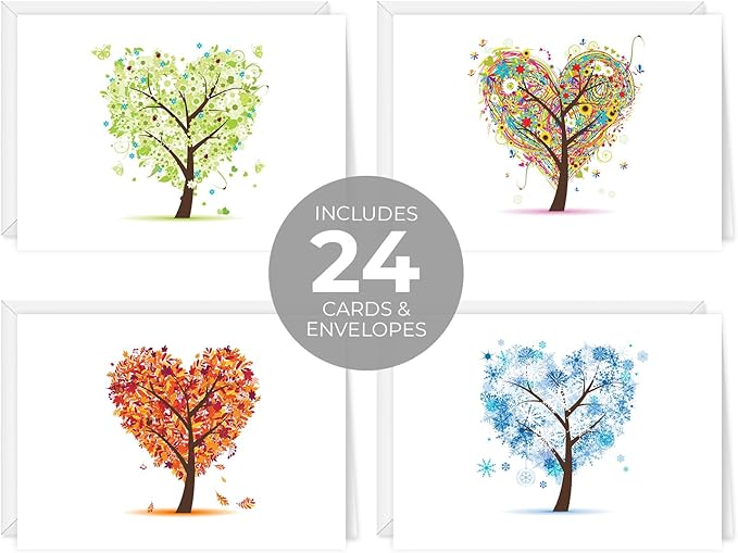 Seasons of Life Note Card Assortment Pack/Set Of 24 Greeting Cards And White Envelopes / 4 7/8" x 3 1/2" Cards Featuring 4 Seasonal Tree Designs