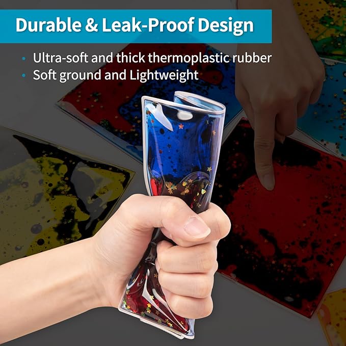 Art3d 6”x6” Square Sensory Fidget Liquid Motion Tiles for Kids, Toddler, Teens - Interactive Soft Gel Liquid Play Mats for Home, Schools, Playrooms, Multi-Pack of 3 Tiles