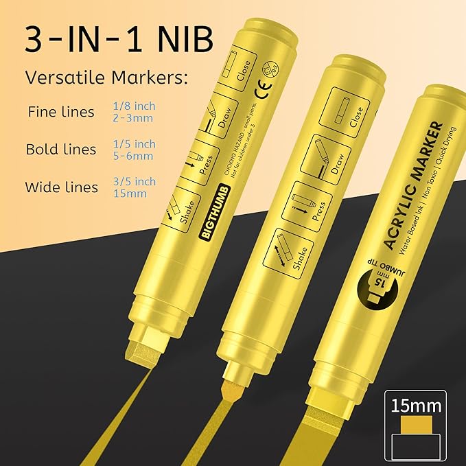Jumbo Graffiti Poster Markers Set: 12 Metallic Colors Large 15mm Wide Tip Permanent Ink Thick Acrylic Paint Pens for Rock Painting, Stone, Glass, Wood, Ceramic, Metal, Plastic, Fabric