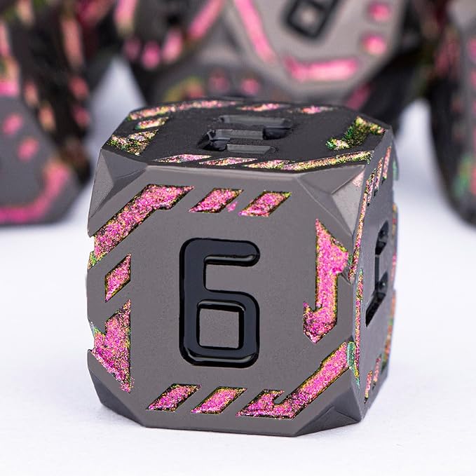 Metal DND Sci-fi Dice Set 7PCS Stripe Polyhedral Dice for Dungeons Dragons RPG Role Playing Game, Glitter D and D Dice with Gift Box D6 D8 D10 D12 D20 (Black&Purple Red)