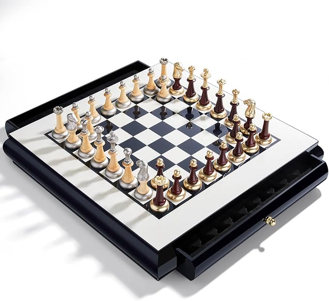 AMEROUS 16 Inches Wooden Chess Set, Large Size Board with 2 Built-in Storage Drawers - 2 Extra Queens - Metallic & Wooden Chess Pieces - Gift Packaging, Board Games for Adults and Kids