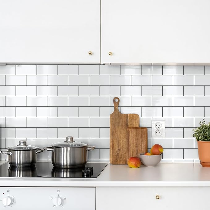 100 Pieces Peel and Stick Backsplash for Kitchen, 3" x 6" PVC Subway Tile 2025 Upgraded Glossy White with Dark Gray Grout Backsplash Stick on Tile Elevate Kitchen, Bathroom, Fireplace,RV
