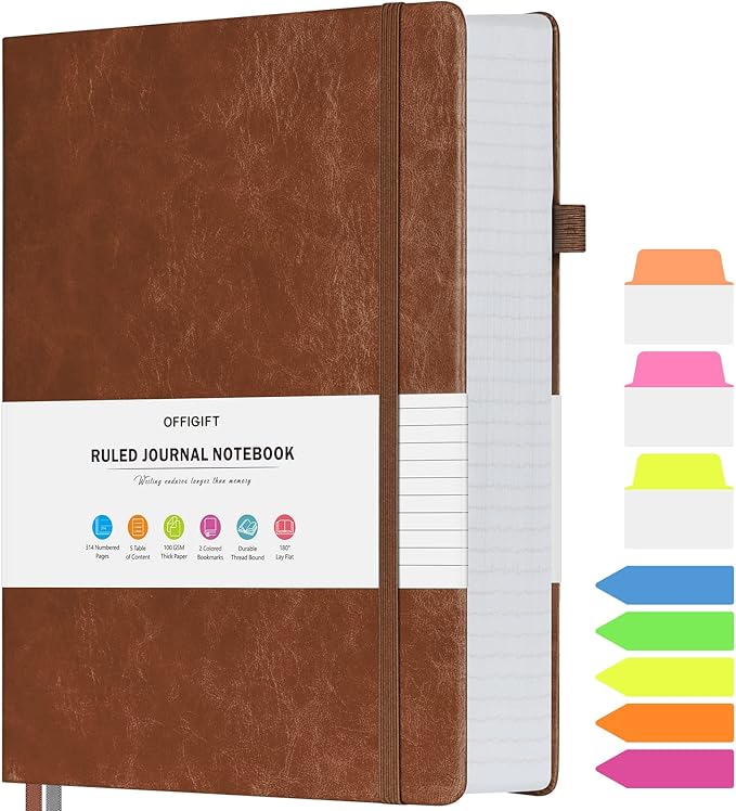 Lined Journal Notebook, Large A5 Hardcover Leather Journal, 312 Numbered Pages Work Notebook, 100gsm Thick Paper, College Ruled Notebook for Women Men School Office, 5.75" x 8.38", Brown