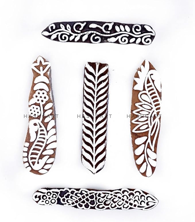 HASHCART® Pottery Printing Blocks Stylish Border Pattern Wooden Stamps (Set of 5) Handcarved Indian Textile Printing Blocks, Wooden Clay Stamps for Crafting on Fabric, Card