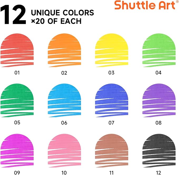 Shuttle Art 240 Pack Washable Super Tips Markers, 12 Assorted Colors Conical Tip Large Markers Bulk with a Box, Bonus Caps, Home Classroom School Supplies for Toddlers Kids Adults Students Teachers