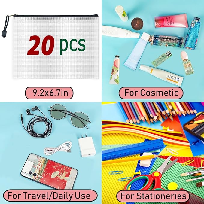 AUSTARK 20 Pcs Zipper File Bags, Plastic Mesh Pouch, Board Game Storage Bag, Waterproof Bags for Office School (A5 Size 9.2''x6.7'', White and Black)