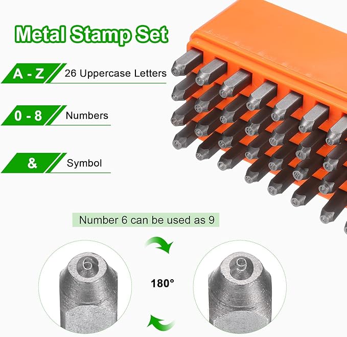 HARFINGTON 36pcs Metal Stamping Kit 1/16" (1.5mm) Steel Uppercase Letter and Number Punch Set (A-Z / 0-8 / "&" Symbol) Punch Press Tool with Case for Imprinting Metal Plastic Wood Leather
