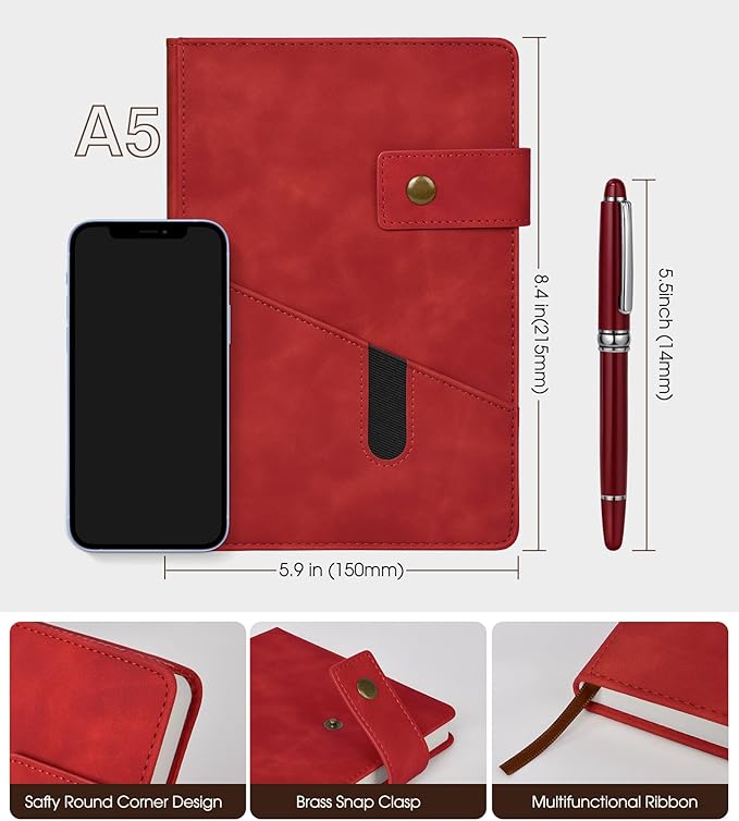 Red A5 Lined Leather Journal Notebook for Men Women,5.9" X 8.4" Personalized Hardcover Journal with Pen,200 Pages 100 Gsm Thick Ruled Paper Daily Diary for Travel,Business,Work,Writing
