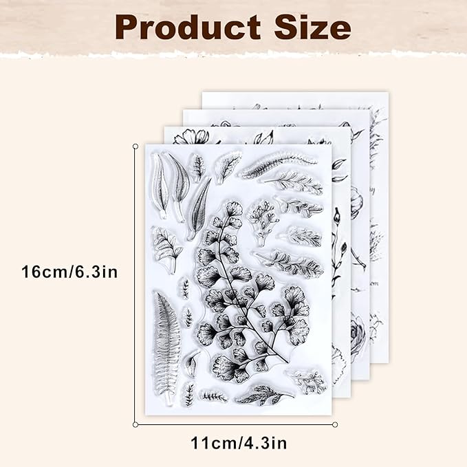 UCEC 4 Sheets Clear Stamps Set for Card Making, 2 Pcs Acrylic Stamp Block (7.5*7.5cm & 5*5cm), Vintage Plants Flowers Rubber Silicone Stamps, Small Clear Stamps for Crafts Decoration DIY Scrapbooking