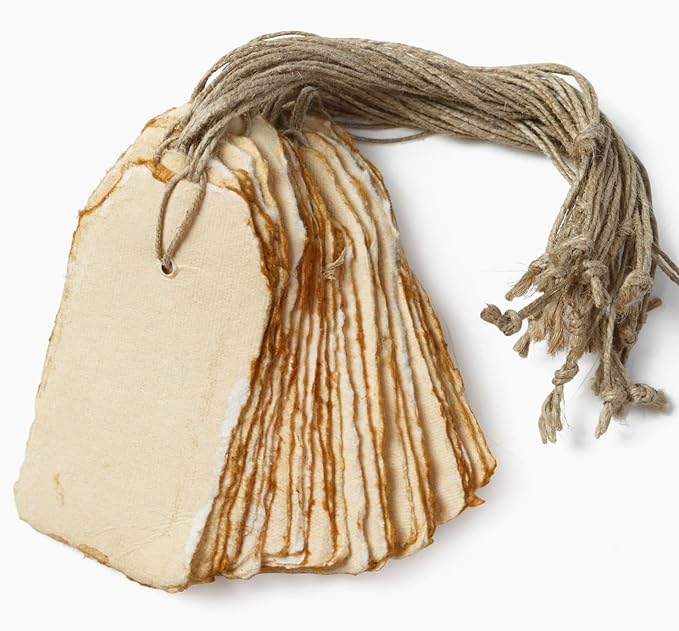 Wanderings Handmade Vintage Deckle Edge Tags with String - 3.75 x 1.75” Only - Pack of 25 - Ideal for Price or Gift Tags, Arts, Crafts, Place Cards, Name Cards - Cold Press Thick 150 GSM