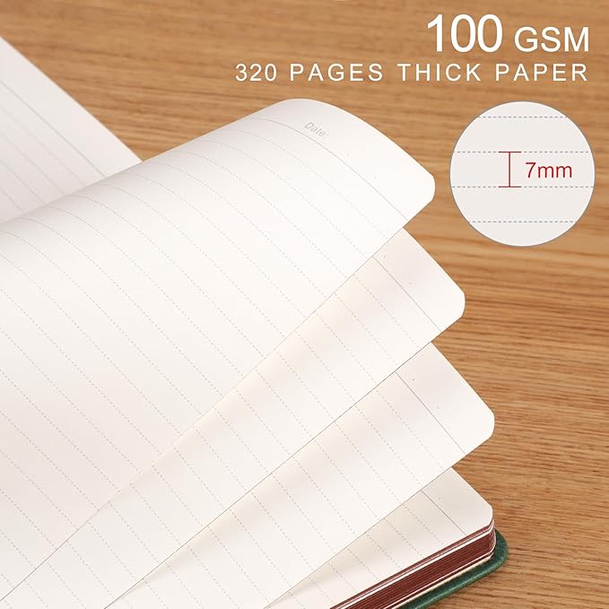 AHGXG Thick Journal Lined Notebook for Men - 320 Numbered Pages A5 College Ruled Notebook for Writing, 100gsm Paper, Vintage Leather Hardcover, for Women Work Office School, 5.75'' X 8.38''- Dark Green