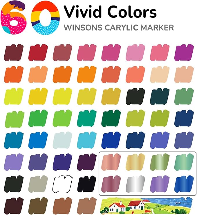 Acrylic Markers, 60 Dual-Tip Paint Pens for Rock Painting, Colouring Books, Mugs, Canvas Shoes, Metal, Scrapbooking - Quick Dry, Brush & Fine, Drawing Markers, Classrooms Must Have