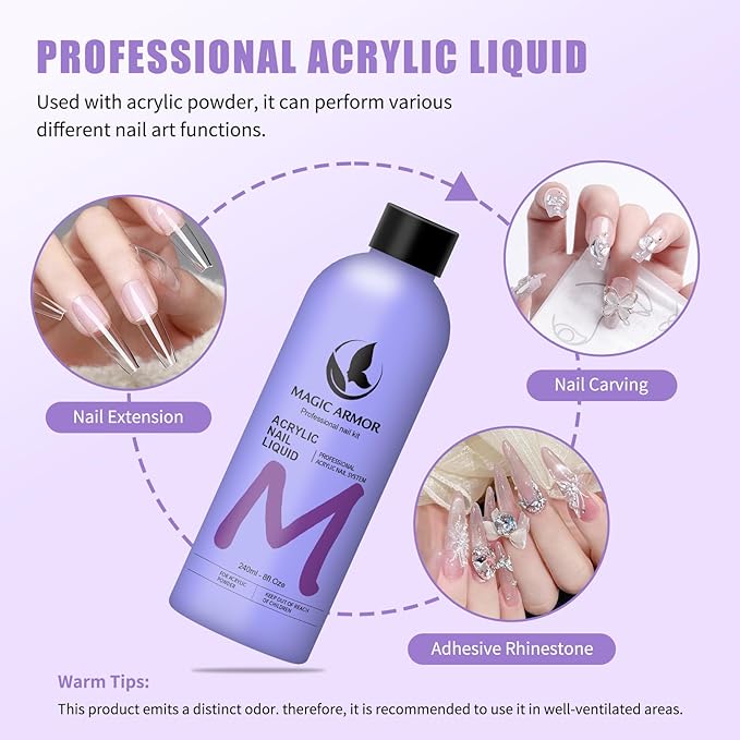 8FL.OZ Acrylic Liquid Monomer Acrylic Nail Liquid Non-Yellowing Acrylic Liquid Professional EMA Monomer Liquid for Acrylic Nail Extension and Carving, DIY Home Nail Salon Use