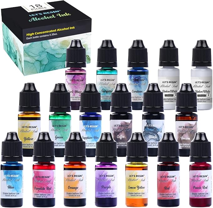 Alcohol Ink Set Epoxy Resin Dye- LET'S RESIN Vibrant Colors Alcohol Ink for Epoxy Resin, Concentrated Alcohol Based Resin Ink for Tumblers,Epoxy Resin Molds,Alcohol Inks Art (Each 0.35oz x 18 Bottle)