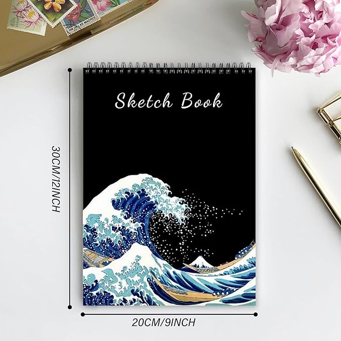 Cabreche Cute Sketchbook Top Spiral Bound Sketch Pad, 9 x 12 inch,100GSM Thick Paper,50 Sheets 100 Pages,Art Sketch Book Artistic Aesthetic Writing Drawing Paper for Girls Women Beginners-Blue Wave