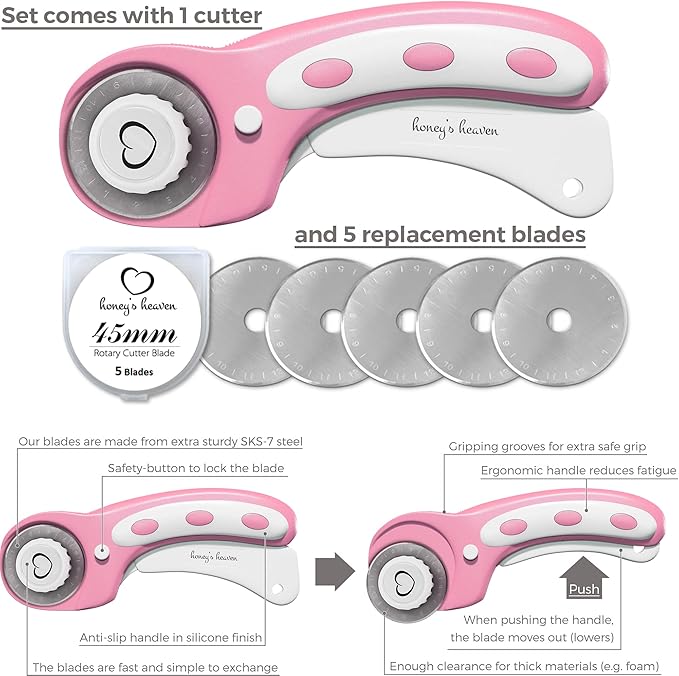 Rotary Cutter Set pink - Quilting Kit incl. 45mm Rotary Cutter, 5 Replacement Blades, A2 Cutting Mat, Acrylic Ruler and Craft Clips - Ideal for Crafting, Sewing, Patchworking, Crochet & Knitting
