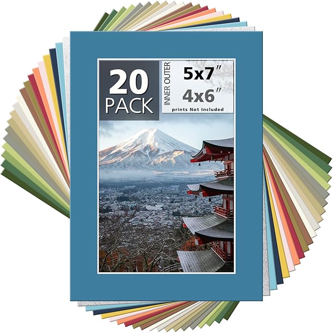Mat Board Center, Pack of 20, 5x7 Mixed Colors White Core Picture Mats Mattes Matting for 4x6 Photo