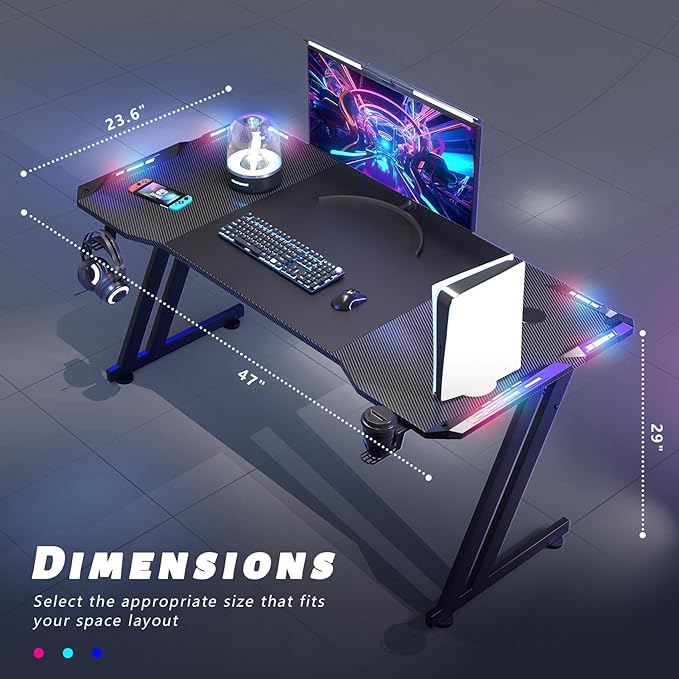 HLDIRECT 47 Inch Gaming Desk with LED Lights, Large RGB Computer Gaming Desk Table with Cup Holder Headphone Hook Mouse Pad, Ergonomic Modern Carbon Fiber Mesa Gamer Pc Work Home Office Desks, Black