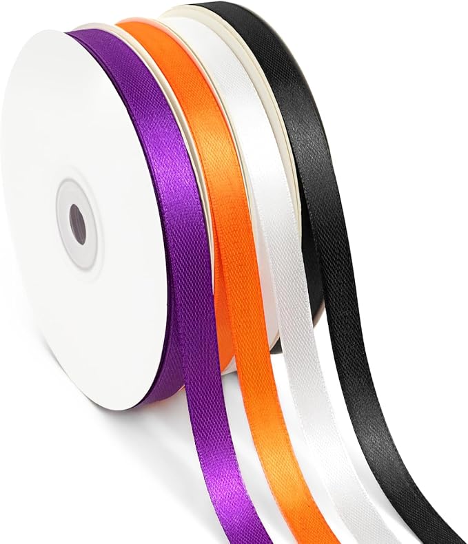 4 Rolls 200 Yards Halloween Ribbon, 3/8 Inch Polyester Satin Ribbon for Gift Wrapping, Halloween, Christmas and Birthday Party Decoration, Craft, Flower Bouquet, Sewing(Orange, Black, White, Purple)