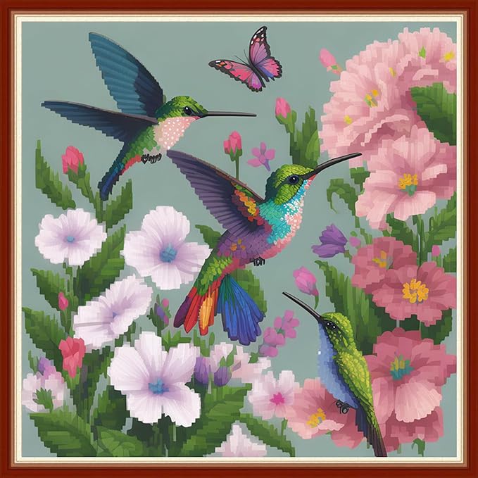 Dimensean Stamped Cross Stitch Kits Full Range of Embroidery Patterns Starter Kits for Beginners Adult or Kids DIY Cross Stitches Needlepoint Kits 11CT-Hummingbirds Gather Honey 17.7x17.7 inch