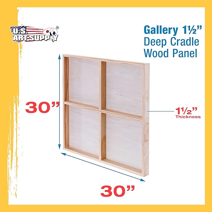 U.S. Art Supply Unfinished Cradled Wood Panels for Painting, 2 Pack of 30x30 inch - Gallery Birch Wooden Canvas Boards 1-1/2" Deep - Mixed-Media Craft, Acrylic, Oil, Encaustic, Paint Pouring