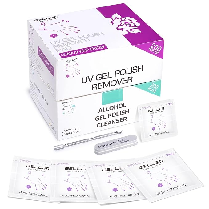 Gellen Gel Polish Remover Pad Kit, Acetone Polish Remover Pads & Alcohol Pads Cleanser Wipes, 400 Pack Travel Kit Professional Individually Wrapped Quick Easy with Glycerin Moisturizing