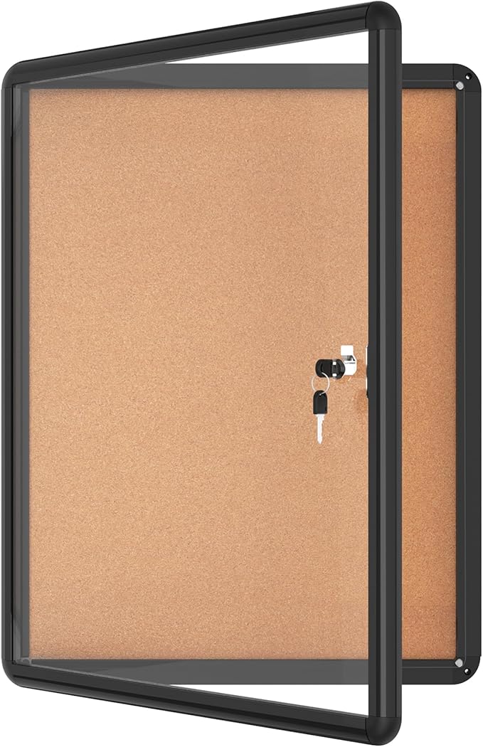 26"x20" Enclosed Bulletin Board, Lockable Weather-Resistant Aluminum Cork Noticeboard for School & Office, Black Frame w/Cork