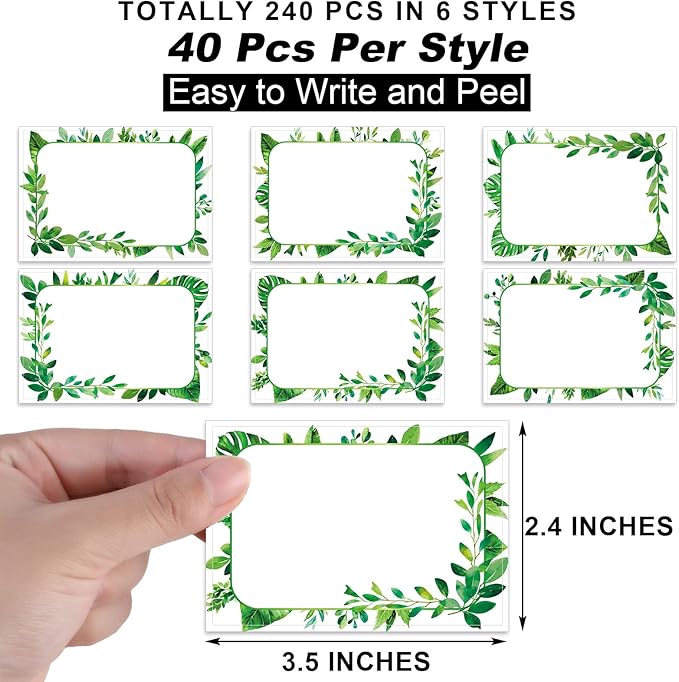 240 Pcs Greenery Name Tags Stickers Summer Green Leaves Border Tag Labels Party Name Tag Personalized Tags for Themed Party Office Home, 3.5 x 2.4, 6 Styles