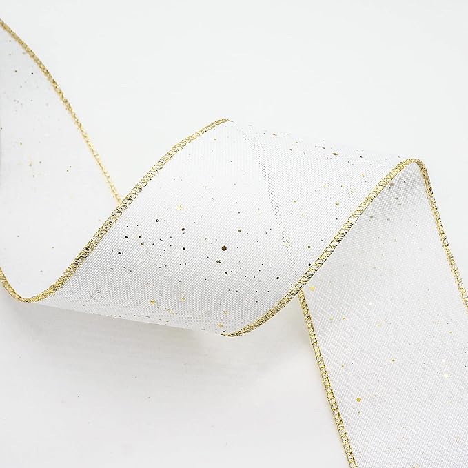 CT CRAFT LLC Whtie Burlap Fabric Confetti Glitter Wired Ribbon 2.5" x 10 Yards White Color for Christmas Home Wedding Decor Gift Wrapping Tree Topper Bow Wreath Bouquet DIY Crafts